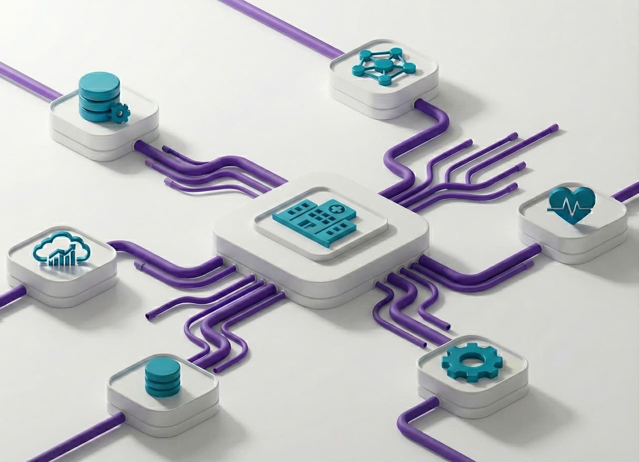 Abstract 3D geometric shapes representing organized health data and digital processes