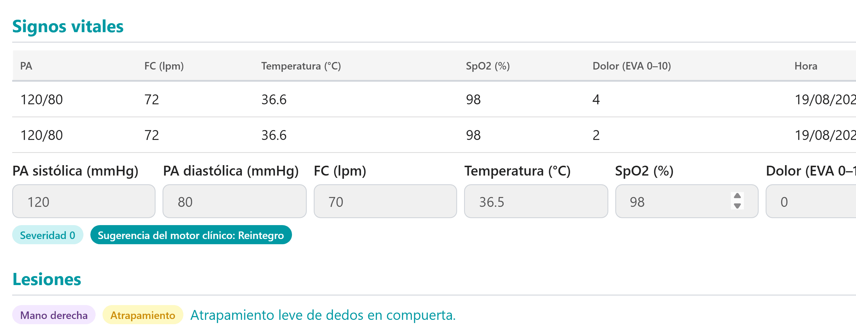 Bloque de signos vitales de Savi con la sugerencia del motor clínico y la lesión registrada